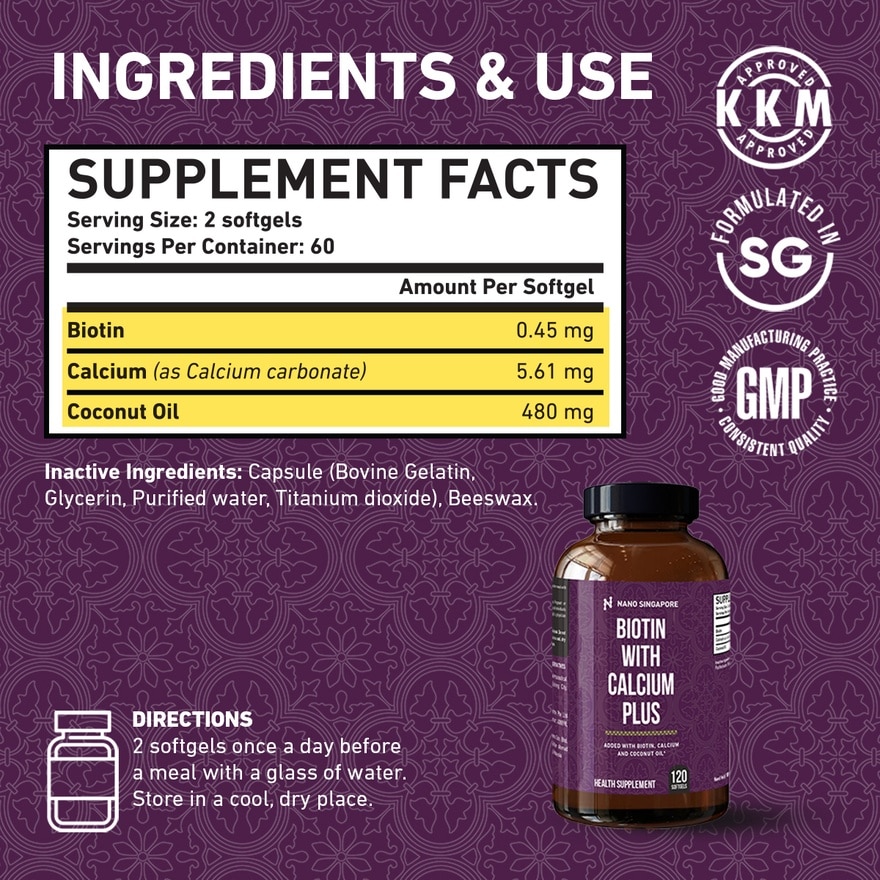 Biotin with Calcium 12120mcg - Hair Vitamins For Hair Loss + Coconut Oil