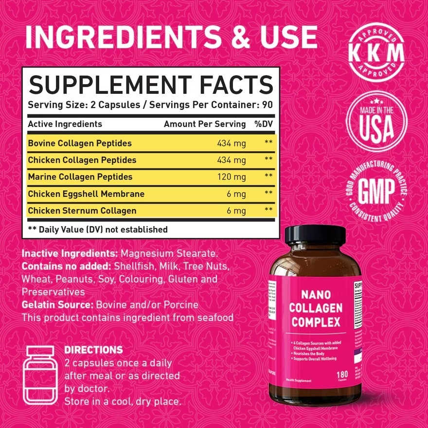 Nano Collagen Complex Types 1/2/3/5/10 - 180 Gelatin Capsule