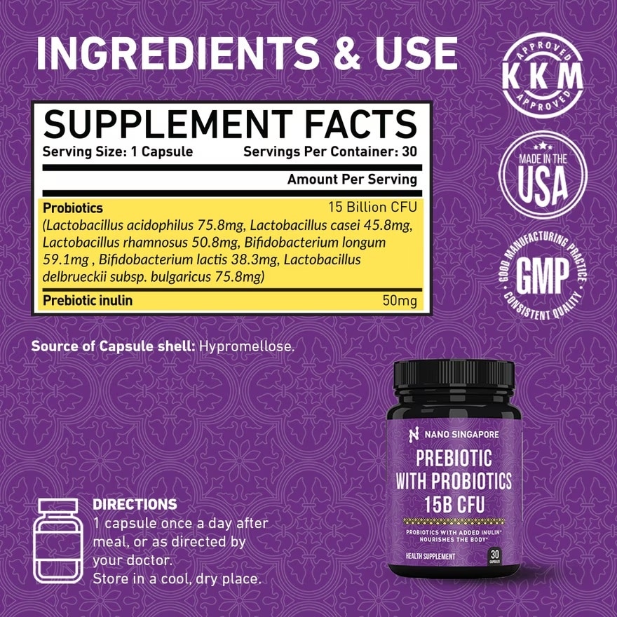 Prebiotic with Probiotic 15 Billion CFU - 30 Vegetable Capsules
