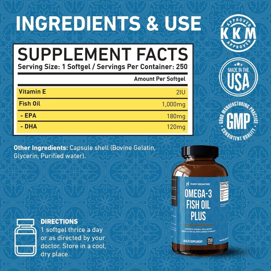 Omega 3 Fish Oil Rich in EPA/DHA (1000mg fish oil x 250 Bovine Soft Gels)