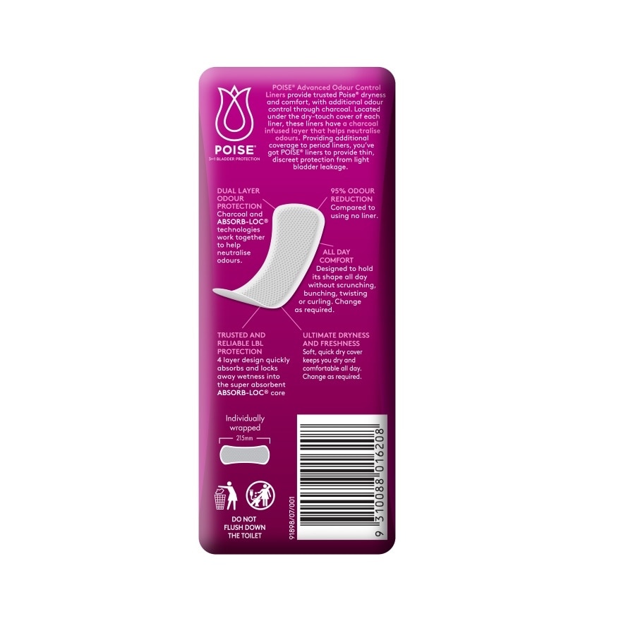 Liners Incontinence Charcoal Extra Long 21.5cm 20s - Light Bladder/Urine Leakage Protection