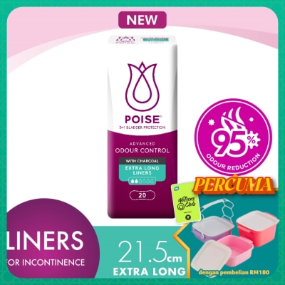 POISE - Liners Incontinence Charcoal Extra Long 21.5cm 20s - Light Bladder/Urine Leakage Protection