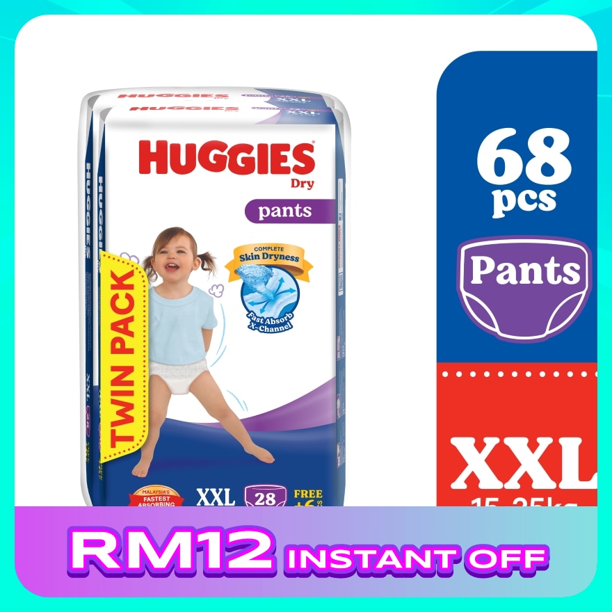 Dry Pants Diapers Value Twin Pack XXL (34SX2) - Absorbent and dry diapers for baby