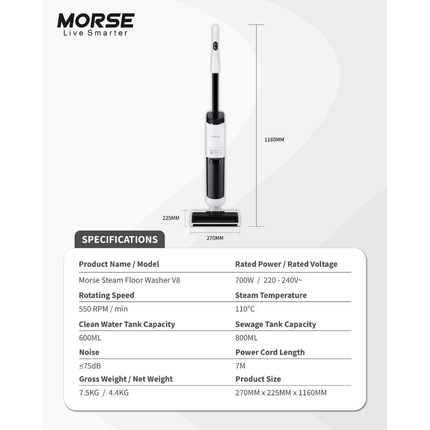 Morse Steam Floor Washer V8 With 14000Pa Suction Power