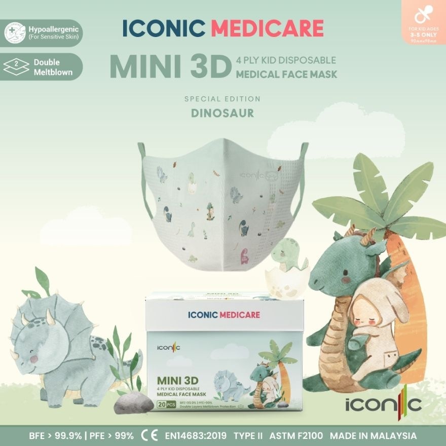 Mini 3D 4PLY Kid Disposable Face Mask Dino 20s'