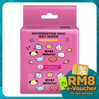 WATSONS BT21 Super Mini Invigorating Wet Wipes Sakura Scented 8S X 6Pks