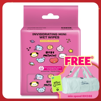 WATSONS BT21 Super Mini Invigorating Wet Wipes Sakura Scented 8S X 6Pks