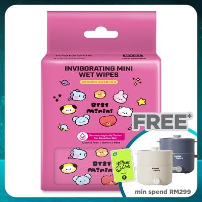WATSONS BT21 Super Mini Invigorating Wet Wipes Sakura Scented 8S X 6Pks