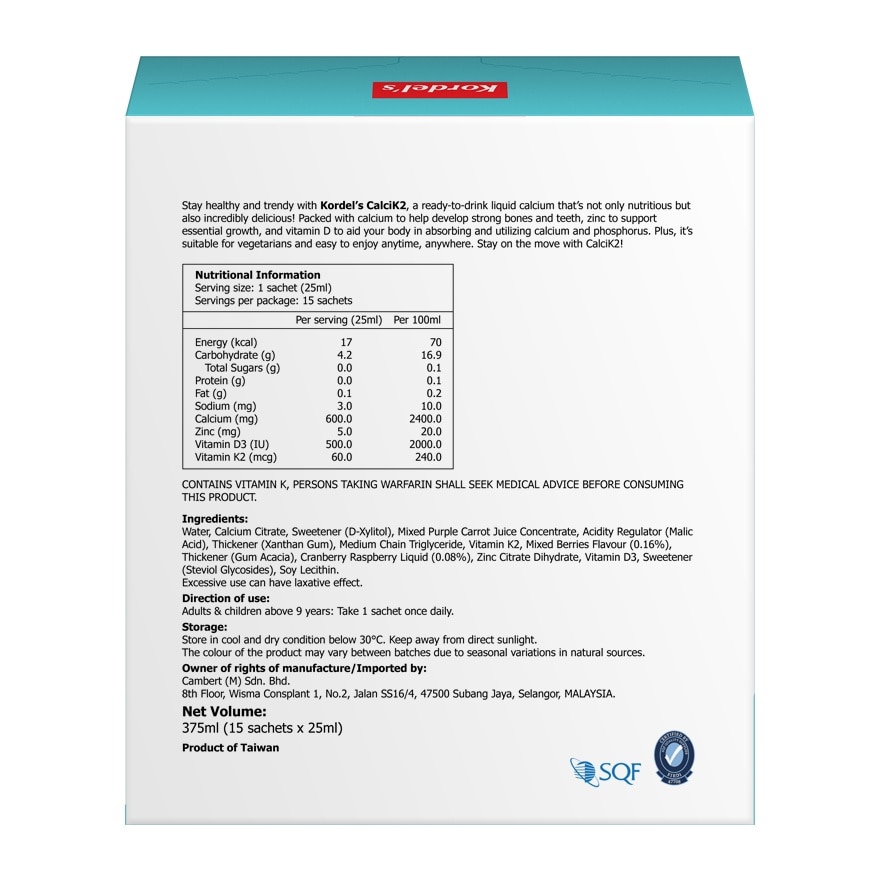 CalciK2 Liquid Calcium Mixed Berries Drink With Zinc, Vitamins D3 & K2 15s