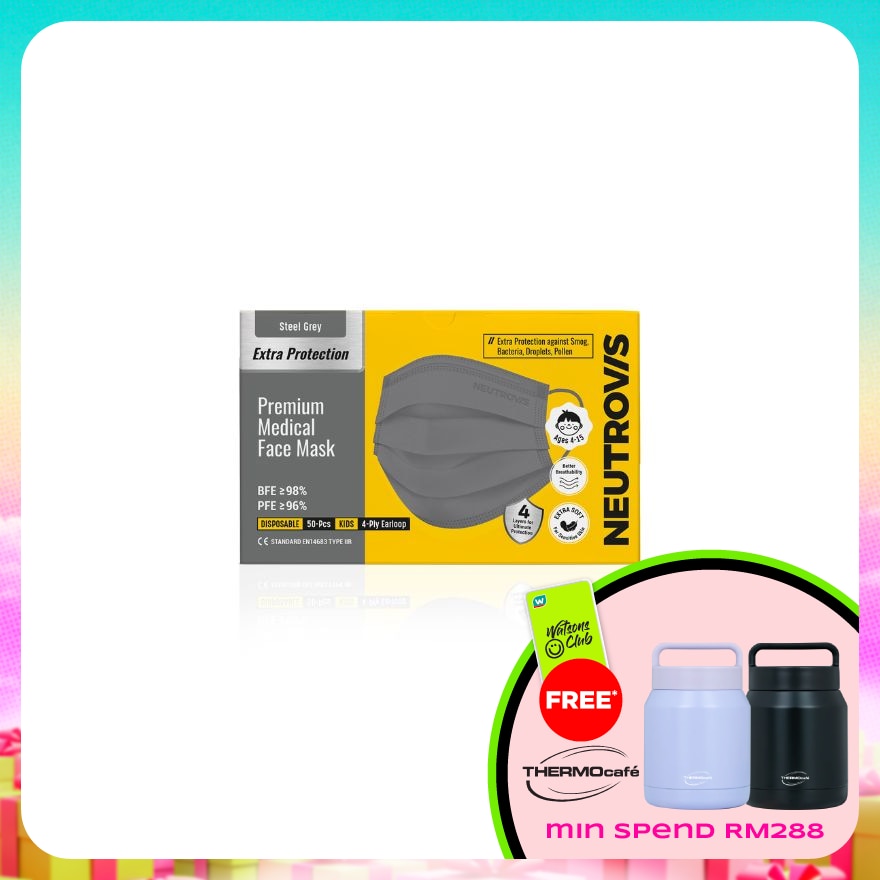 Extra Protection Premium 4-Ply Medical Face Mask Kid Steel Grey 50s