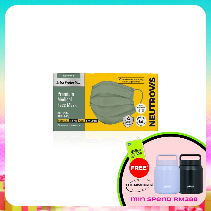 Extra Protection Premium 4-Ply Medical Face Mask Adult Sage Green 50s