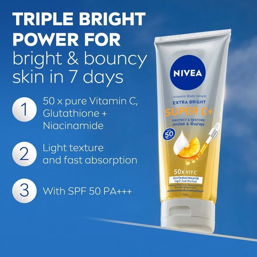 Extra Bright Super C+ SPF50 Vitamin Serum contains 50x Vitamin C to repair dull skin and SPF50