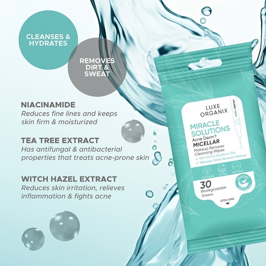 Miracle Solutions Acne Derm+ Micellar Make Up Remover Cleansing Wipes 30s image