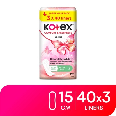 KOTEX - Comfort & Freshness Ultrathin Panty Liners 15cm (3 x 40's) - Clean & Dry All Day with 100% Breathabl