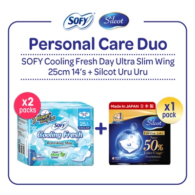 SOFY - Cooling Fresh Day Ultra Slim 25cm 14s x 2 + + Silcot Facial Cotton Uru Uru Puff Pads 40's