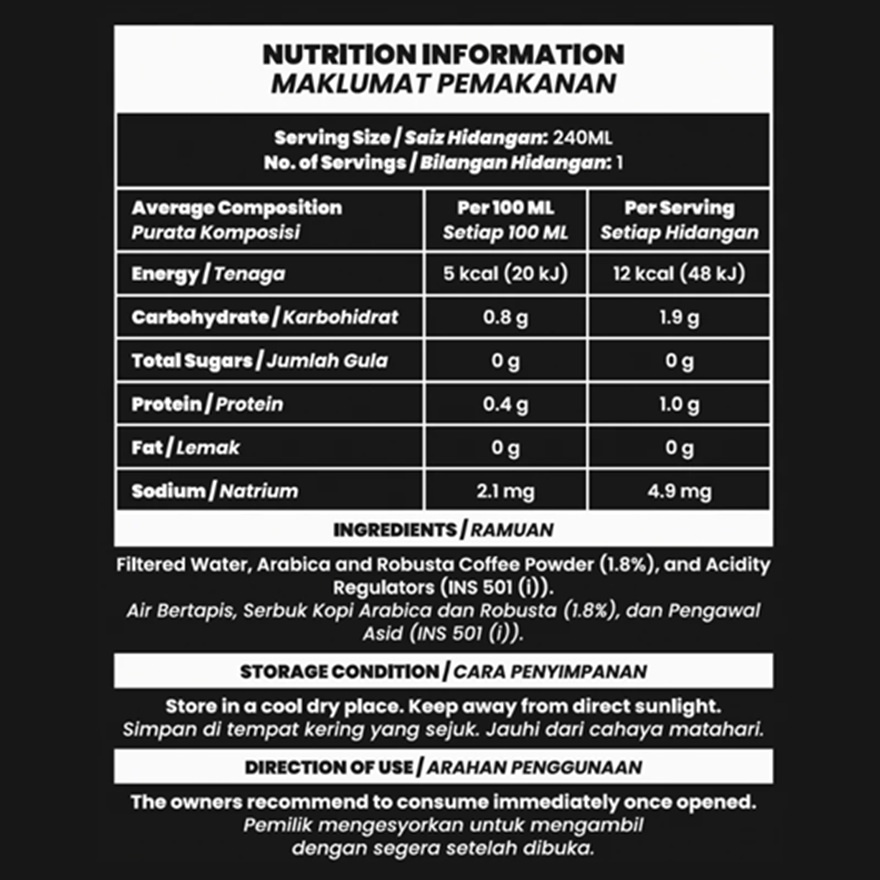 Unsweetened Black Coffee 240ml