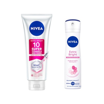 NIVEA - Extra Bright 10 Super Vitamins & Skin Foods Serum Lotion 300ml & Deodorant Extra Bright Spray 150ml