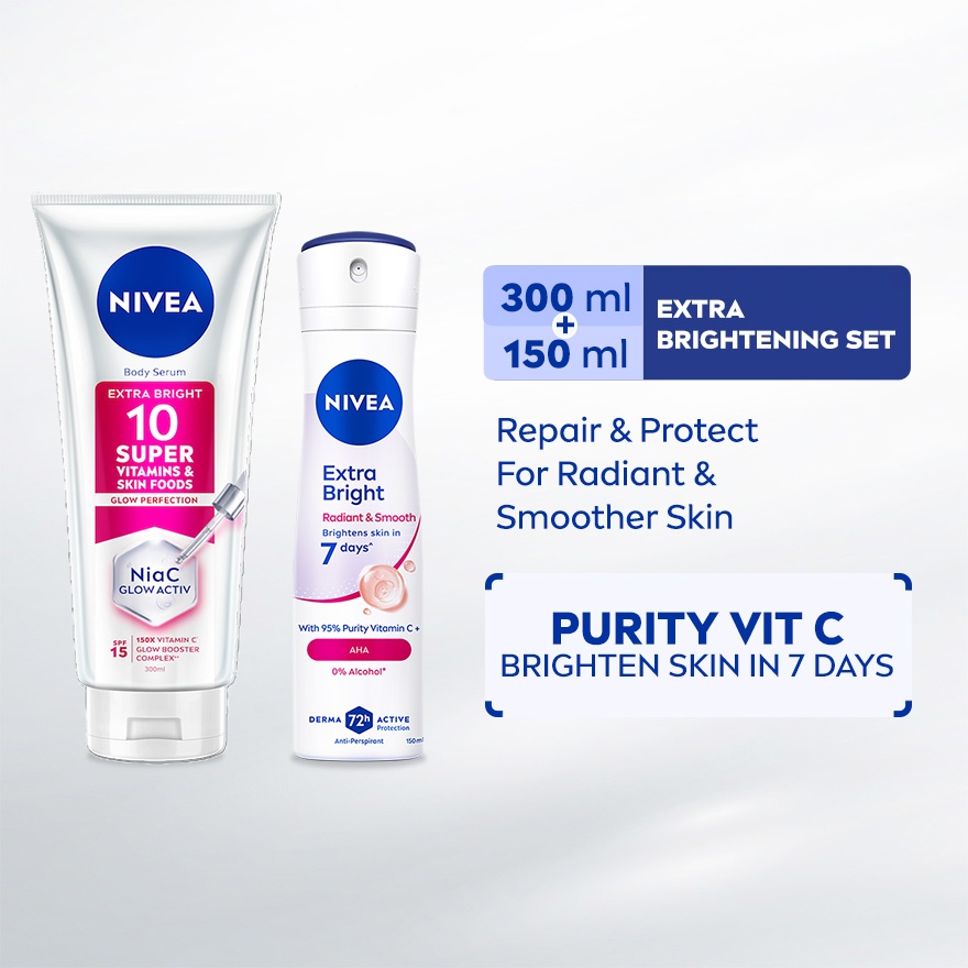 Extra Bright 10 Super Vitamins & Skin Foods Serum Lotion 300ml & Deodorant Extra Bright Spray 150ml image