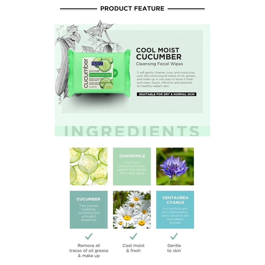 Cucumber Cleansing Facial Wipes 30's image
