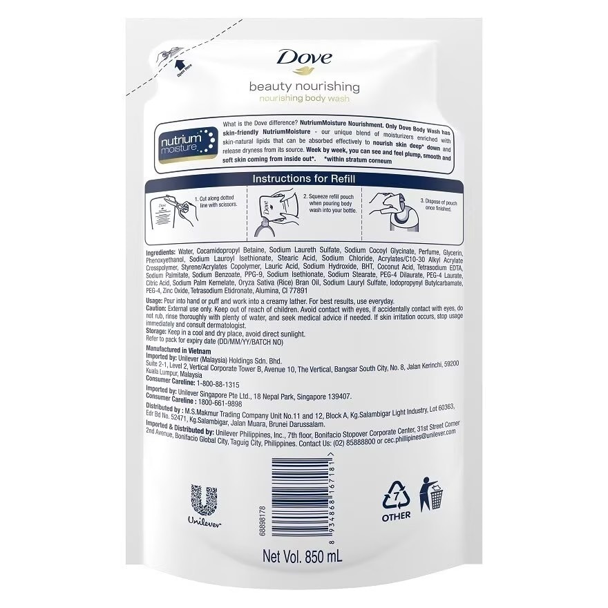 Dove Beauty Nourishing Body Wash Refill 850ml