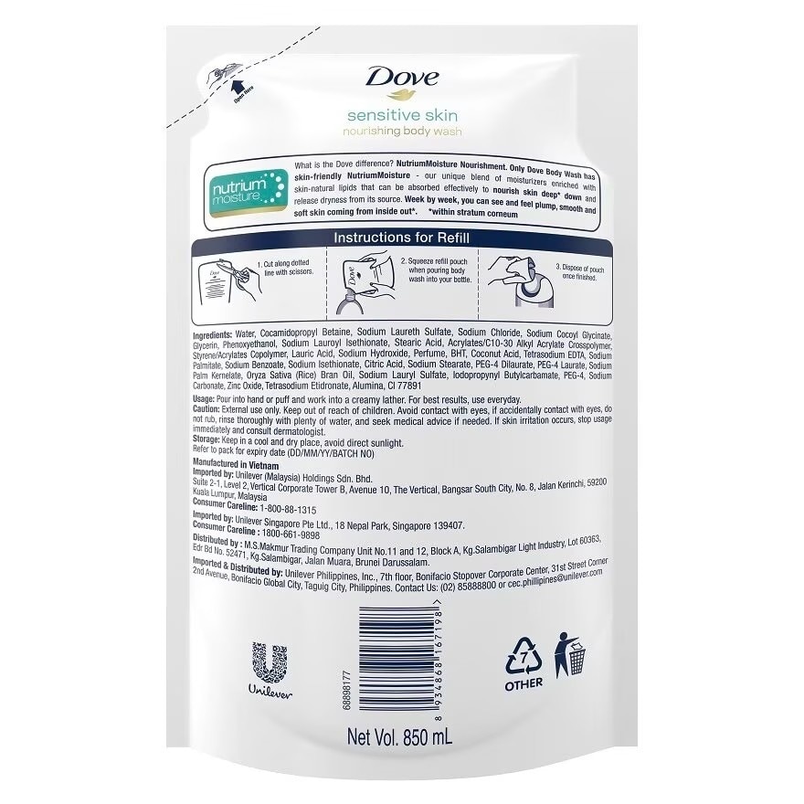 Dove Sensitive Skin Body Wash Refill 850ml