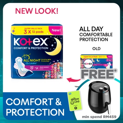 KOTEX Comfort & Protection Overnight Wing Pad 32cm (12sx3 Packs)-Sanitary Pad with 100% Leak Free Comfort