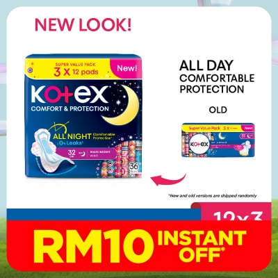 KOTEX Comfort & Protection Overnight Wing Pad 32cm (12sx3 Packs)-Sanitary Pad with 100% Leak Free Comfort