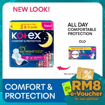 KOTEX Comfort & Protection Overnight Wing Pad 32cm (12sx3 Packs)-Sanitary Pad with 100% Leak Free Comfort