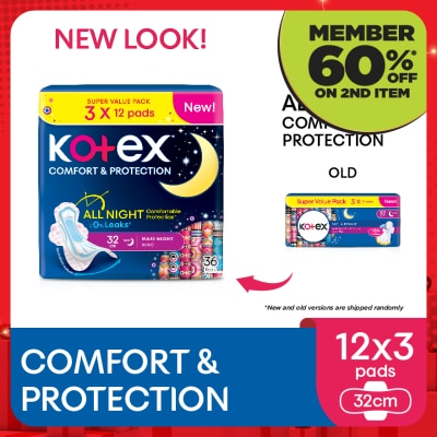 KOTEX Comfort & Protection Overnight Wing Pad 32cm (12sx3 Packs)-Sanitary Pad with 100% Leak Free Comfort