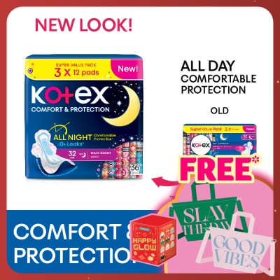 KOTEX Comfort & Protection Overnight Wing Pad 32cm (12sx3 Packs)-Sanitary Pad with 100% Leak Free Comfort