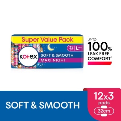 KOTEX Soft & Smooth Overnight Wing Pad 32cm (12s x 3 Packs) - Sanitary Pad with 100% Leak Free Comfort