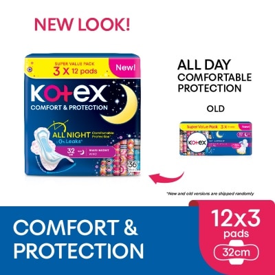 KOTEX Comfort & Protection Overnight Wing Pad 32cm (12sx3 Packs)-Sanitary Pad with 100% Leak Free Comfort