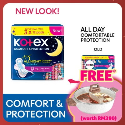 KOTEX Comfort & Protection Overnight Wing Pad 32cm (12sx3 Packs)-Sanitary Pad with 100% Leak Free Comfort
