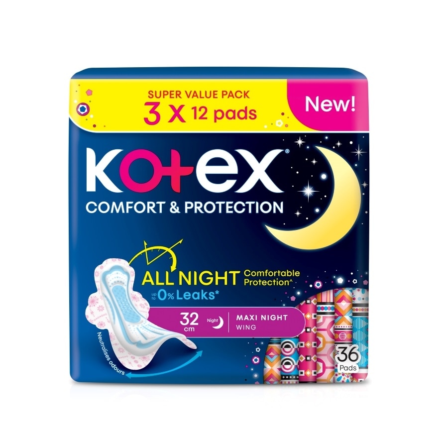 Comfort & Protection Overnight Wing Pad 32cm (12sx3 Packs)-Sanitary Pad with 100% Leak Free Comfort