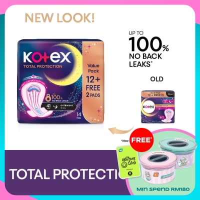 KOTEX Total Protection Overnight Wing Pad 41cm (12s) - Sanitary Pad that prevents up to 100% No Back Leaks