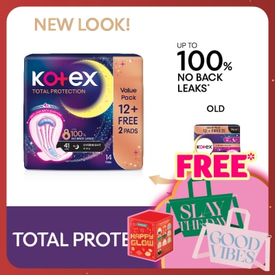 KOTEX Total Protection Overnight Wing Pad 41cm (12s) - Sanitary Pad that prevents up to 100% No Back Leaks