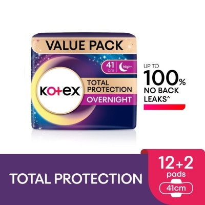 KOTEX Total Protection Overnight Wing Pad 41cm (12s) - Sanitary Pad that prevents up to 100% No Back Leaks