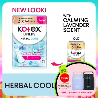 KOTEX - Herbal Cool Regular Pantyliner 15cm (26s x 3 Packs) - Liners with Calming Lavender Scent
