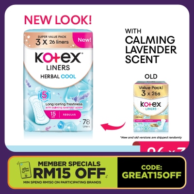 KOTEX Herbal Cool Regular Pantyliner 15cm (26s x 3 Packs) - Liners with Calming Lavender Scent