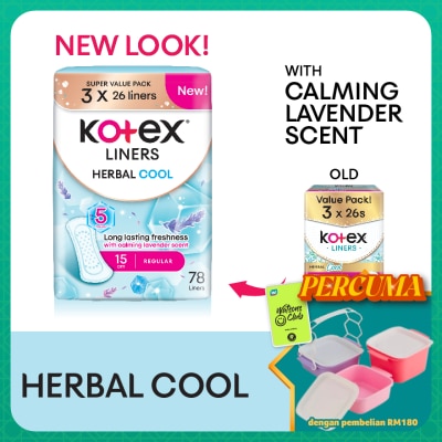 KOTEX - Herbal Cool Regular Pantyliner 15cm (26s x 3 Packs) - Liners with Calming Lavender Scent