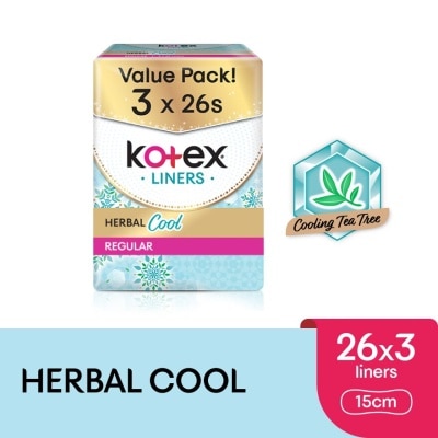 KOTEX Herbal Cool Regular Pantyliner 15cm (26s x 3 Packs) - Liners with Cooling Tea Tree Extract