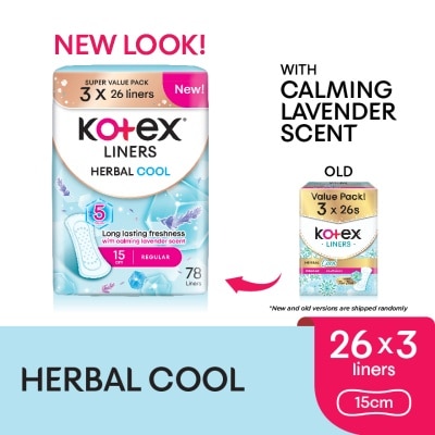 KOTEX Herbal Cool Regular Pantyliner 15cm (26s x 3 Packs) - Liners with Calming Lavender Scent