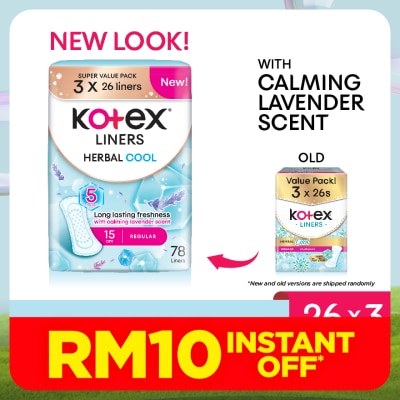 KOTEX Herbal Cool Regular Pantyliner 15cm (26s x 3 Packs) - Liners with Calming Lavender Scent
