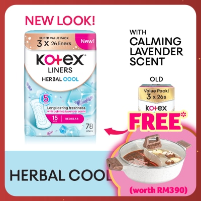 KOTEX Herbal Cool Regular Pantyliner 15cm (26s x 3 Packs) - Liners with Calming Lavender Scent