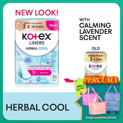 KOTEX Herbal Cool Regular Pantyliner 15cm (26s x 3 Packs) - Liners with Calming Lavender Scent