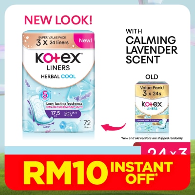KOTEX Herbal Cool Longer & Wider Pantyliner 17.5cm (24s x 3 Packs) - Liners with Calming Lavender Scent