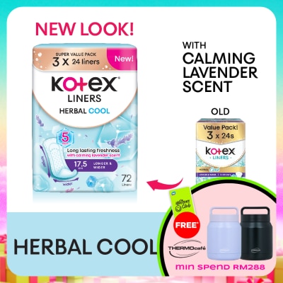 KOTEX - Herbal Cool Longer & Wider Pantyliner 17.5cm (24s x 3 Packs) - Liners with Calming Lavender Scent