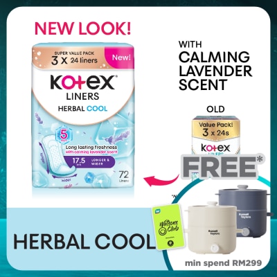 KOTEX Herbal Cool Longer & Wider Pantyliner 17.5cm (24s x 3 Packs) - Liners with Calming Lavender Scent