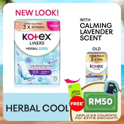 KOTEX - Herbal Cool Longer & Wider Pantyliner 17.5cm (24s x 3 Packs) - Liners with Calming Lavender Scent