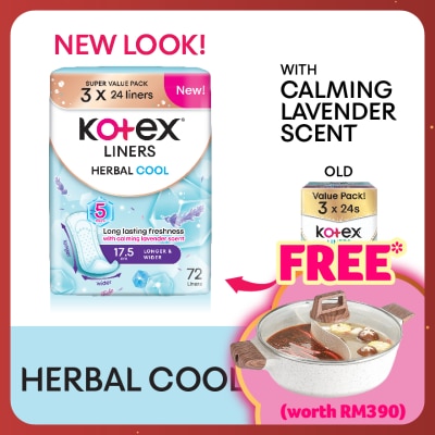 KOTEX Herbal Cool Longer & Wider Pantyliner 17.5cm (24s x 3 Packs) - Liners with Calming Lavender Scent